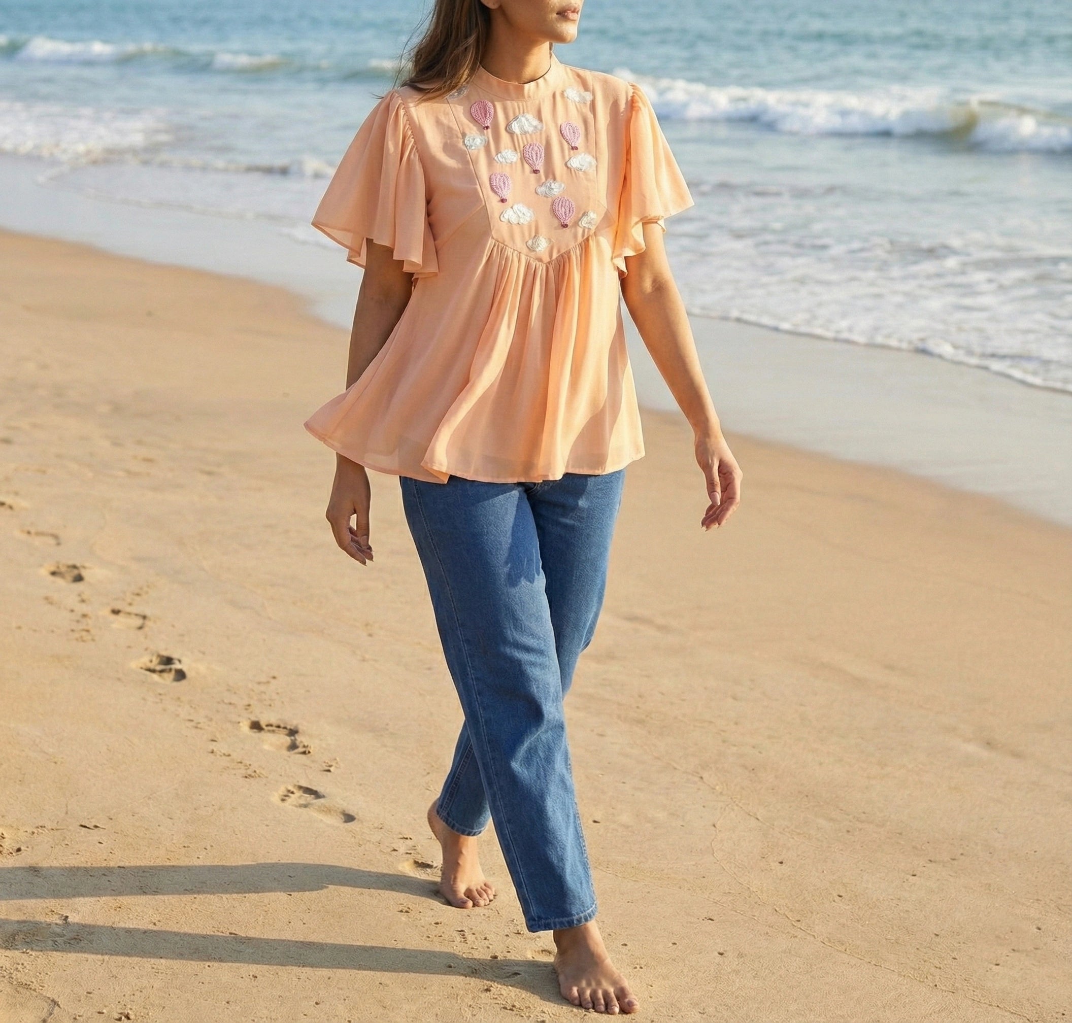 Hot Air Balloon Embroidered Frill Top in Georgette