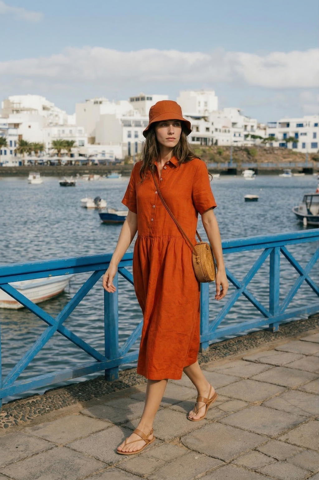 Burnt Orange Linen Midi Dress with Pockets