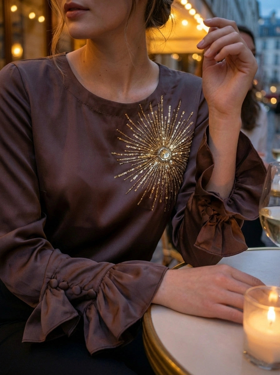 Satin Top with Hand-Embroidered Firecracker Motif and Ruffle Sleeves
