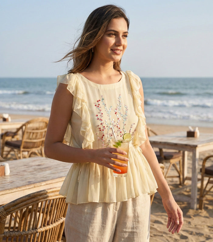 Ivory Georgette Ruffle Top with Hand-Embroidered Sequin Florals