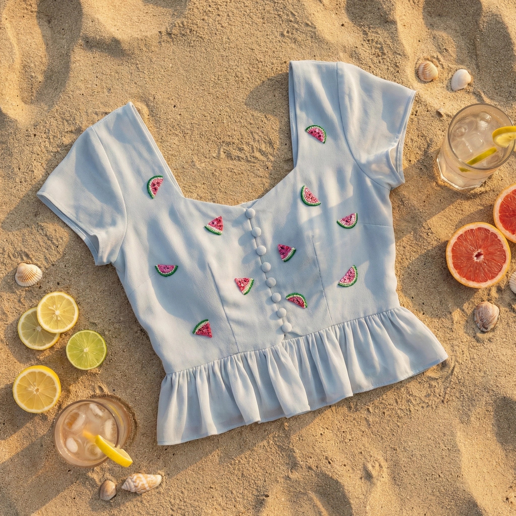 Powder Blue Crop Top with Hand-Embroidered Watermelon Motifs