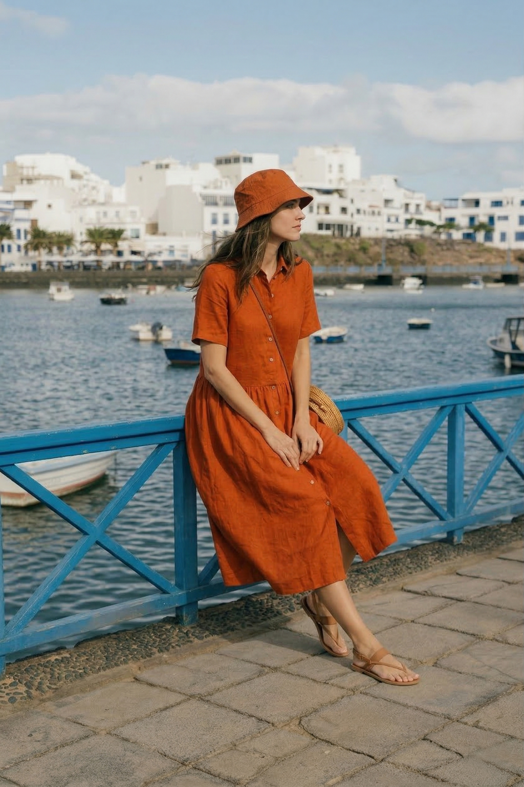 Burnt Orange Linen Midi Dress with Pockets