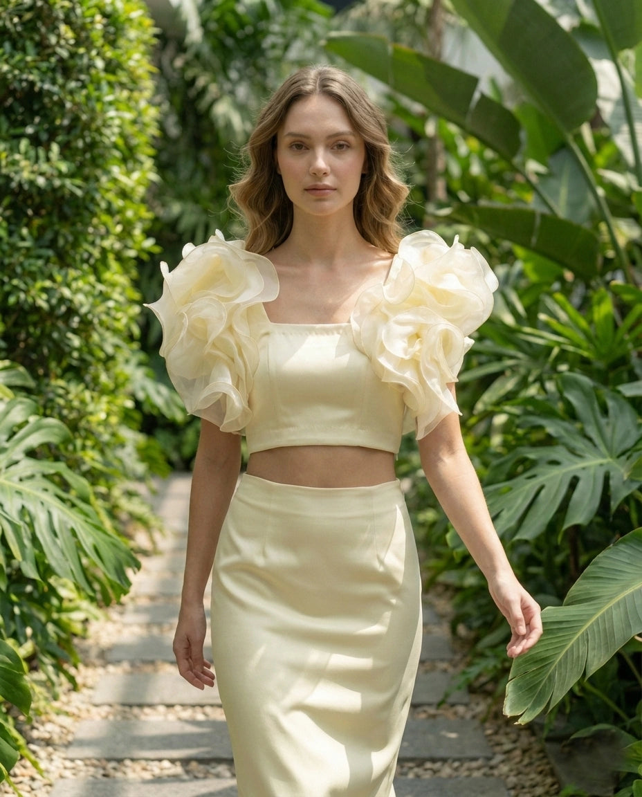 Butter Yellow Ruffle Sleeve Crop Top in Duchess Satin