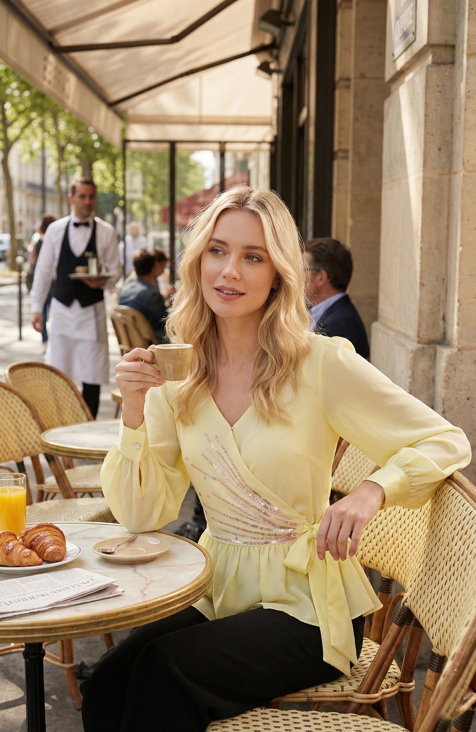 Butter Yellow Peplum Top with Lavender Embroidery and Satin Tie-ups