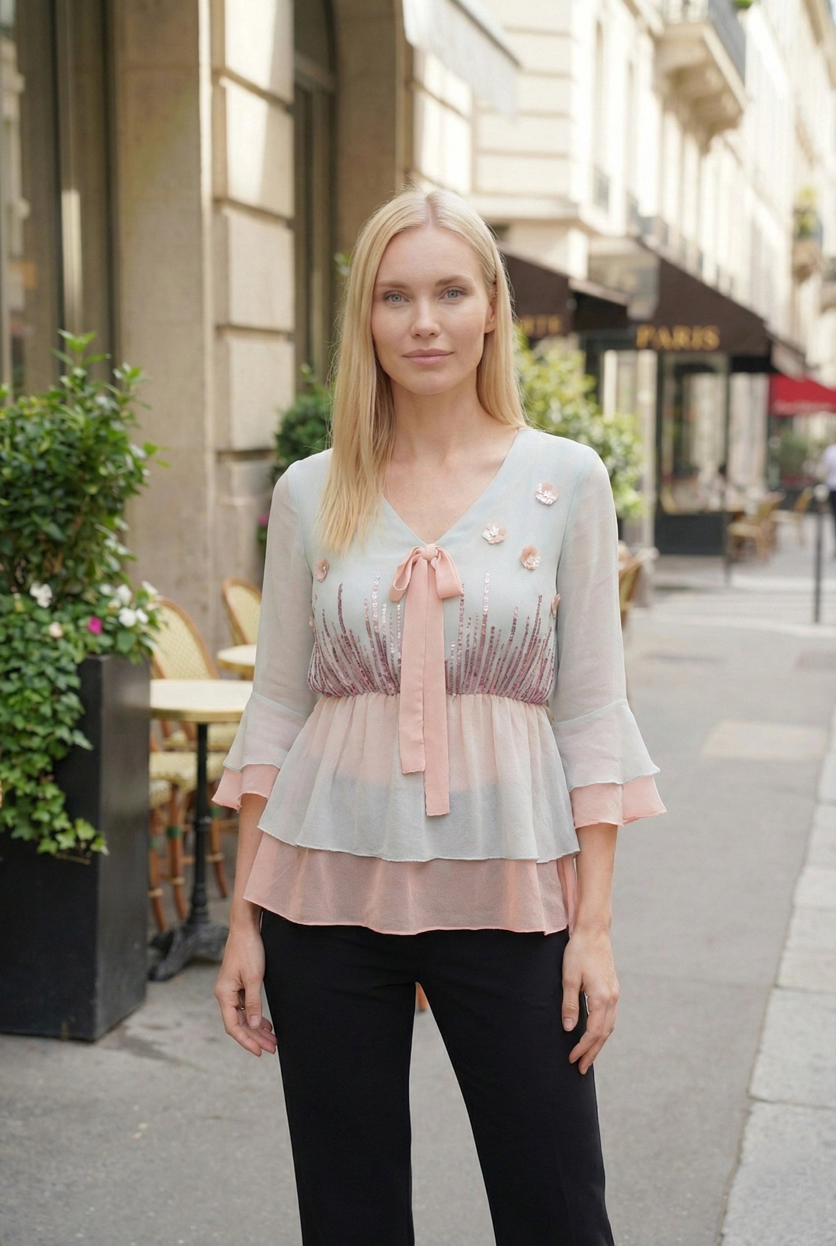 Powder Blue and Peach Two-Layer Peplum Top with Lavender Embroidery