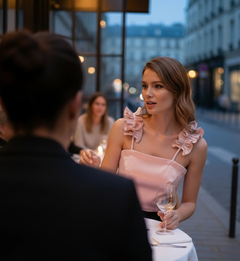 Pink Duchess Satin Top – Ruffle Strap Statement Blouse