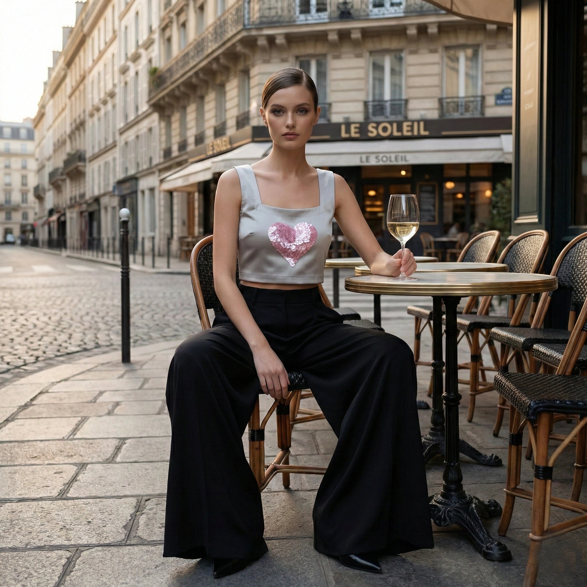 Silver Grey Duchess Satin Crop Top with Sequin Heart Embroidery