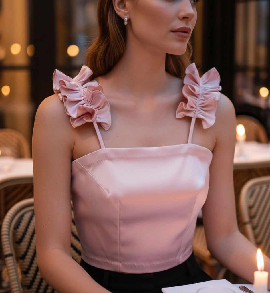 Pink Duchess Satin Top – Ruffle Strap Statement Blouse