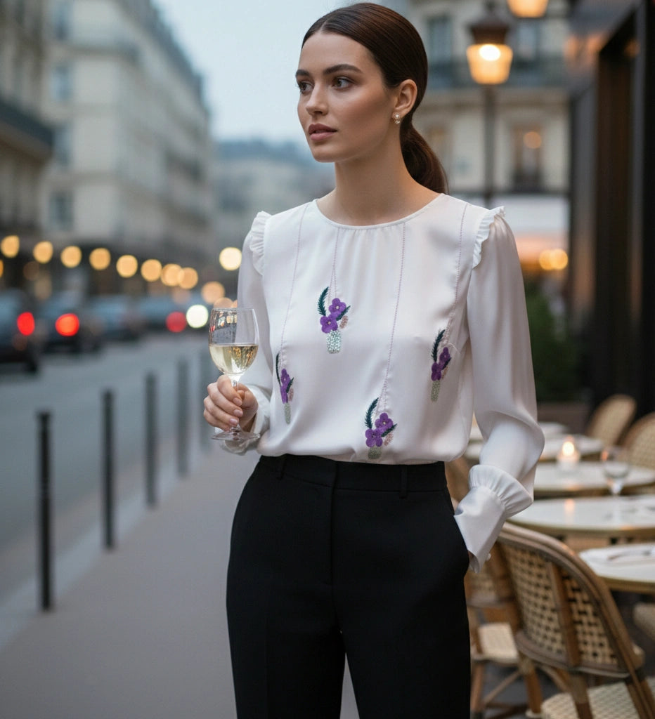 Haut blanc en satin à manches longues orné de fleurs en sequins brodées à la main