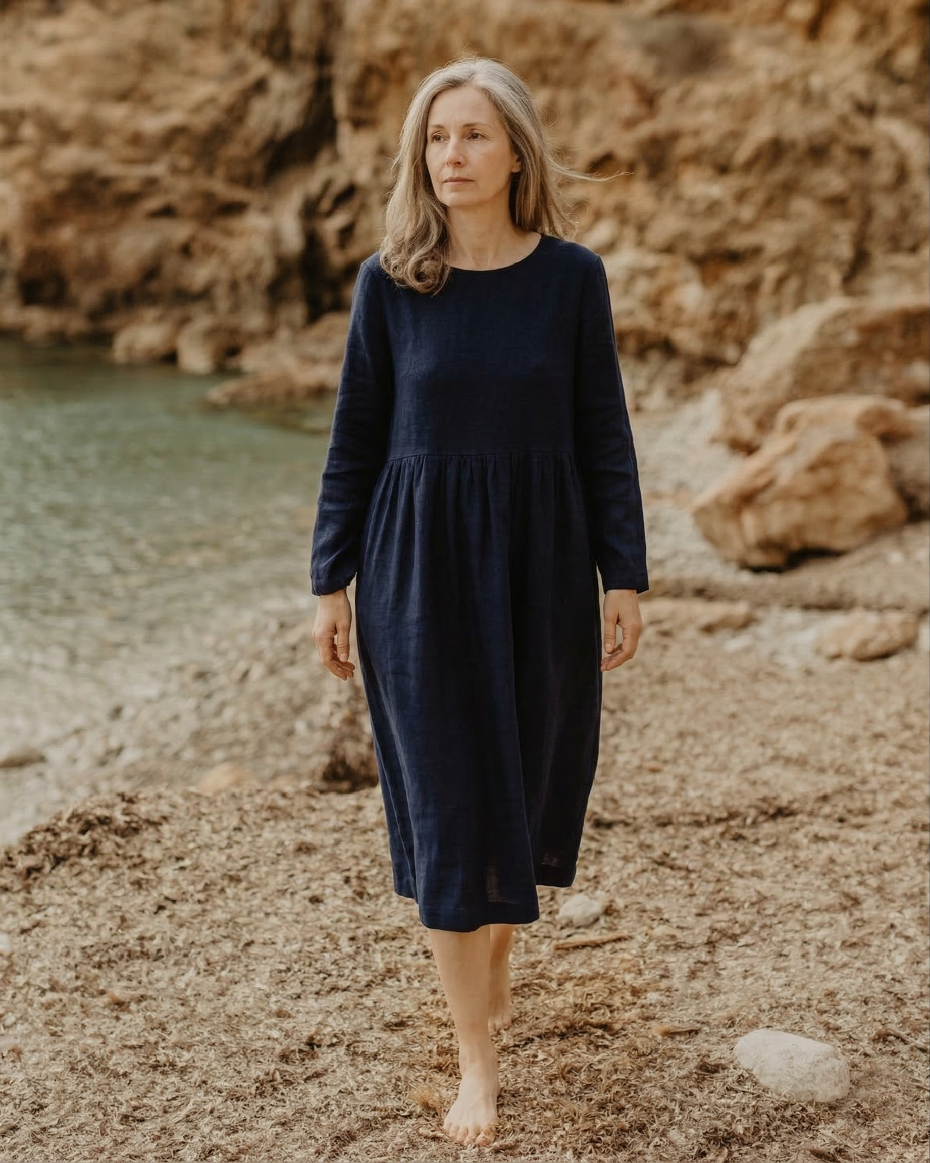 Navy Blue Linen Long Sleeve Midi Dress