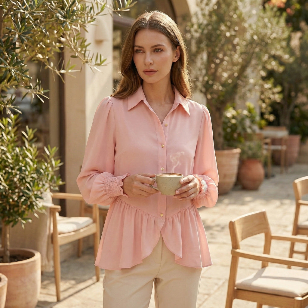 Peach Georgette Shirt with Smocked Cuffs and Ruffle Hem