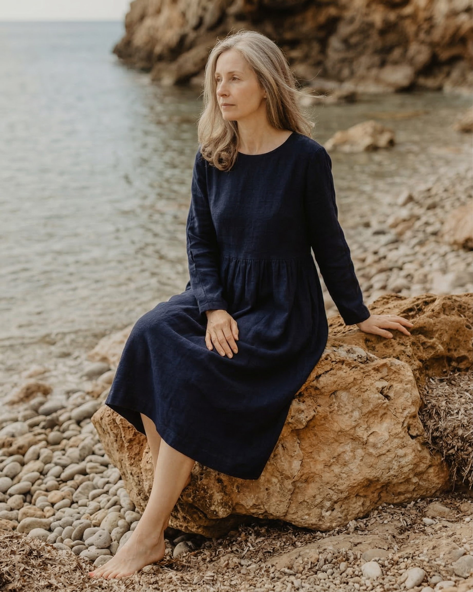 Navy Blue Linen Long Sleeve Midi Dress