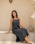 Charcoal Grey Linen Midi Dress with Side Slits