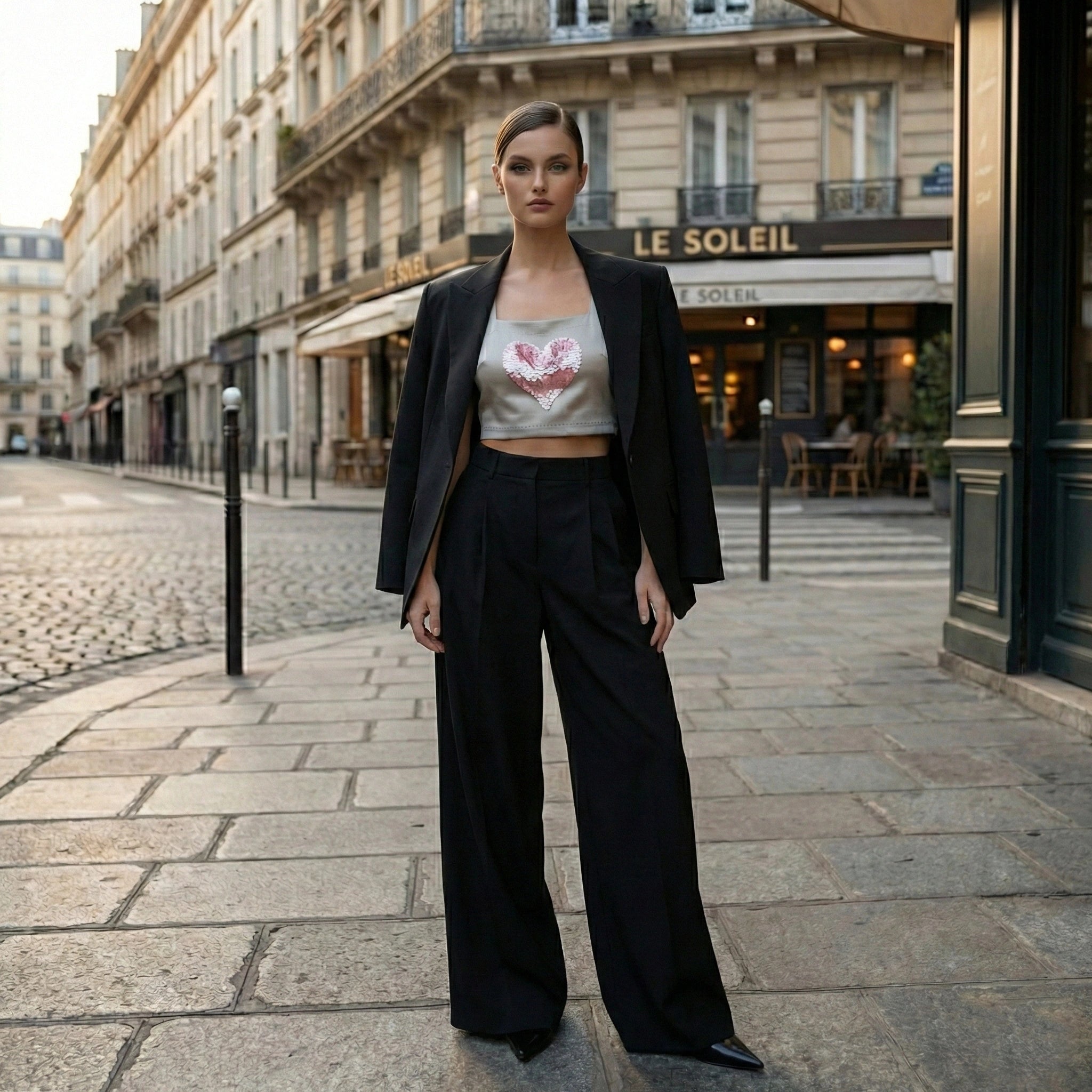 Silver Grey Duchess Satin Crop Top with Sequin Heart Embroidery
