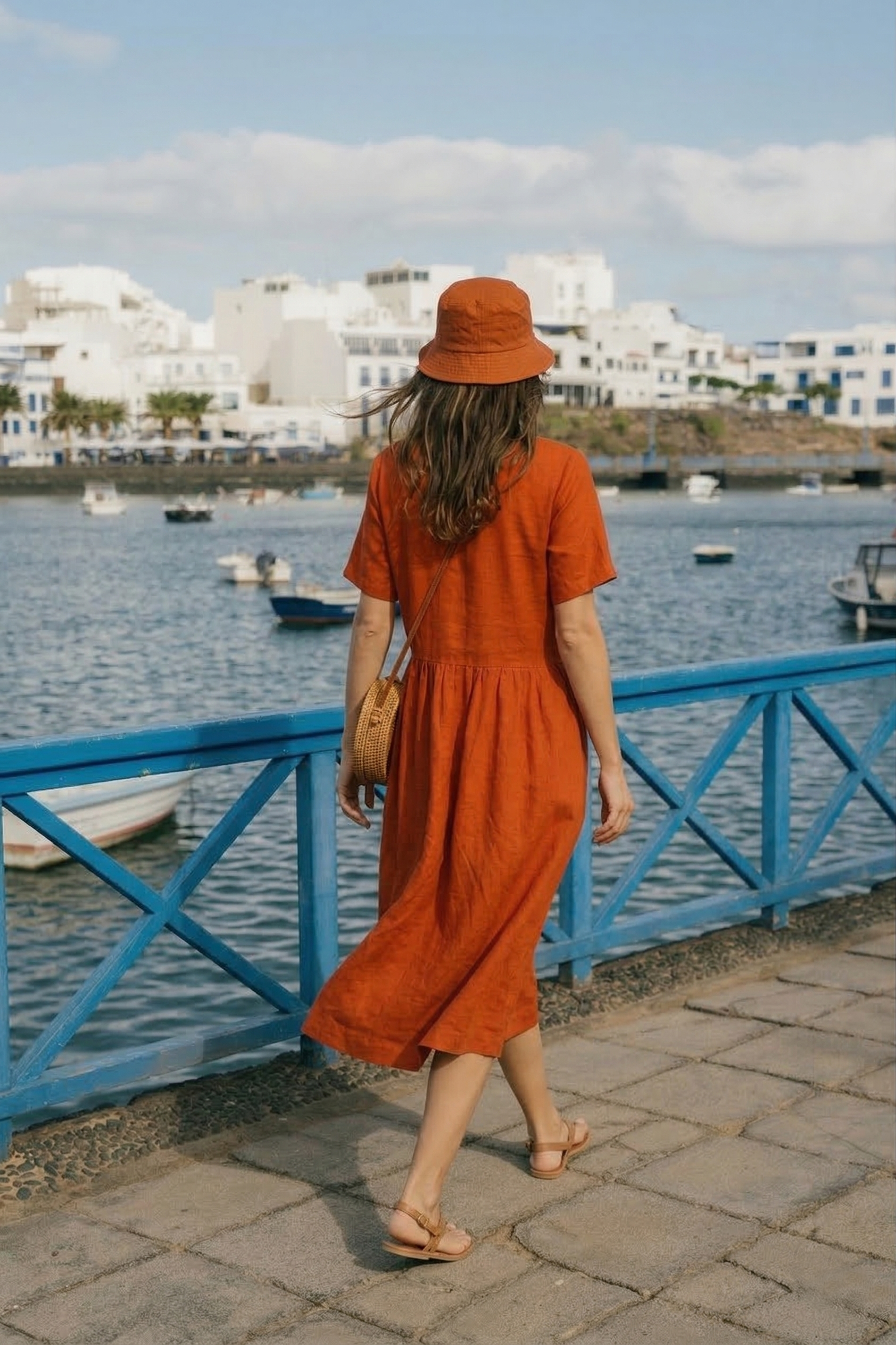 Burnt Orange Linen Midi Dress with Pockets