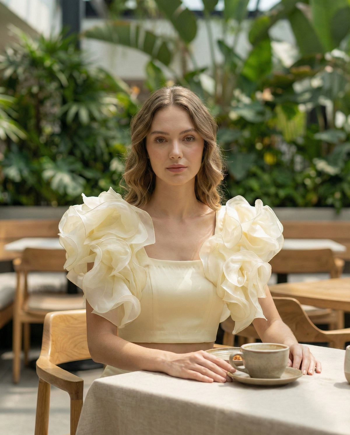 Butter Yellow Ruffle Sleeve Crop Top in Duchess Satin