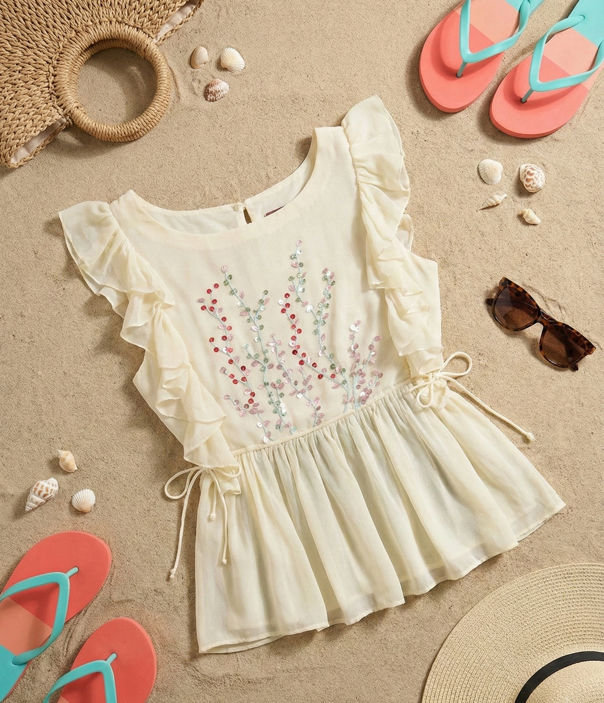 Top con volant in georgette avorio e fiori di paillettes ricamati a mano