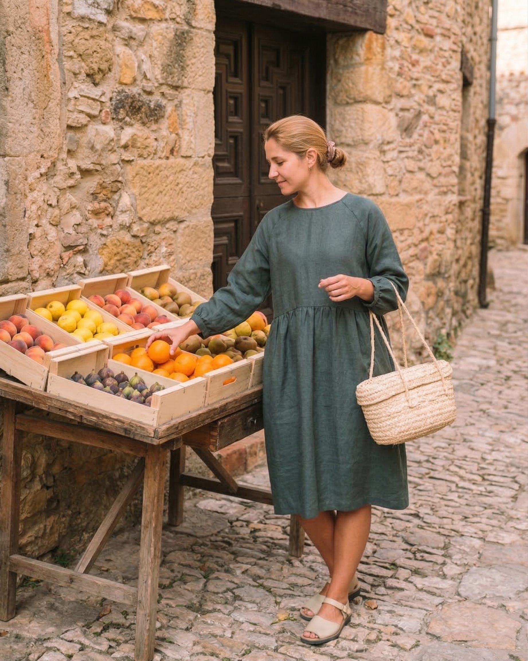 Olive Green Linen Midi Dress with Long Sleeves