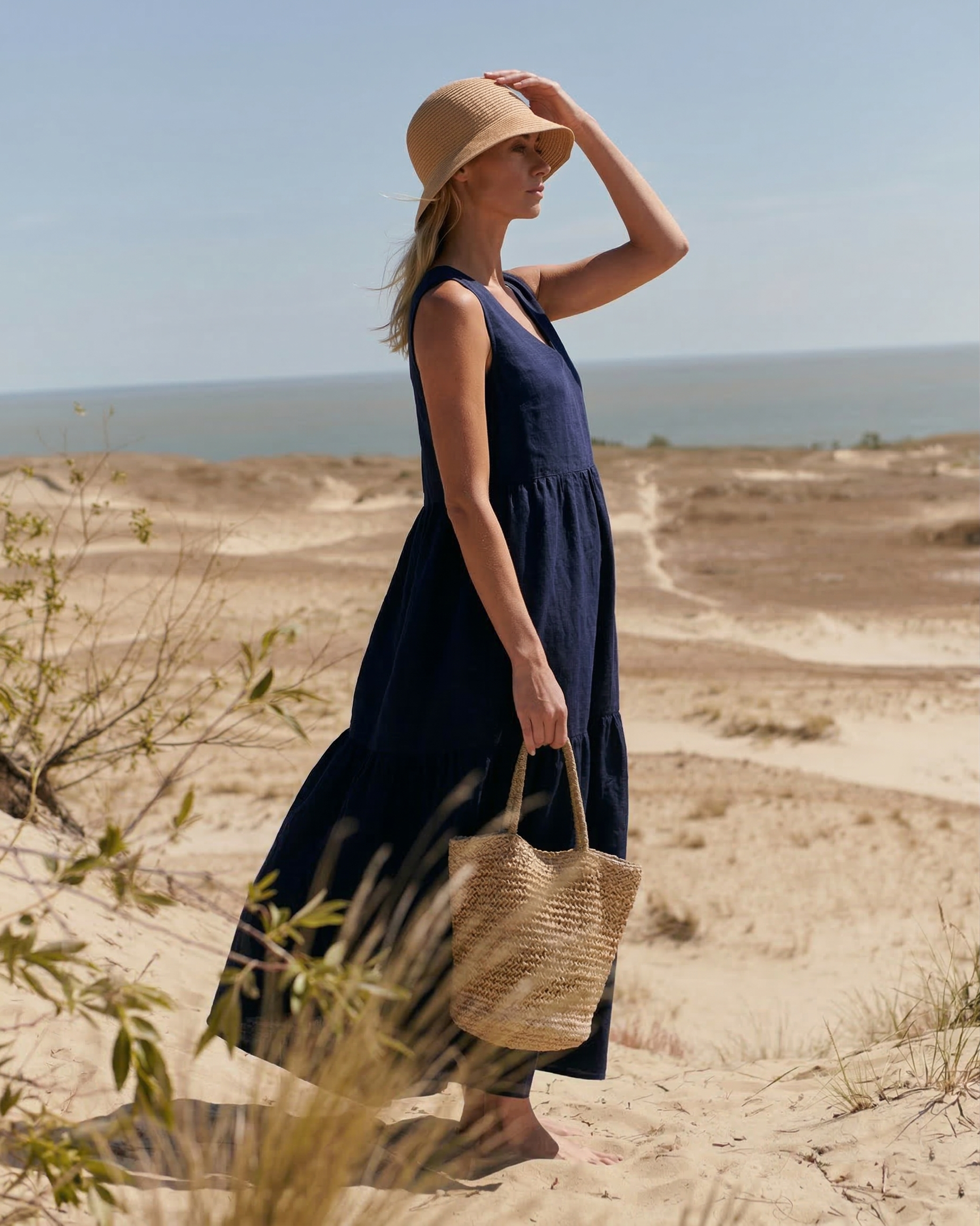 Navy Blue Linen Tiered Maxi Dress