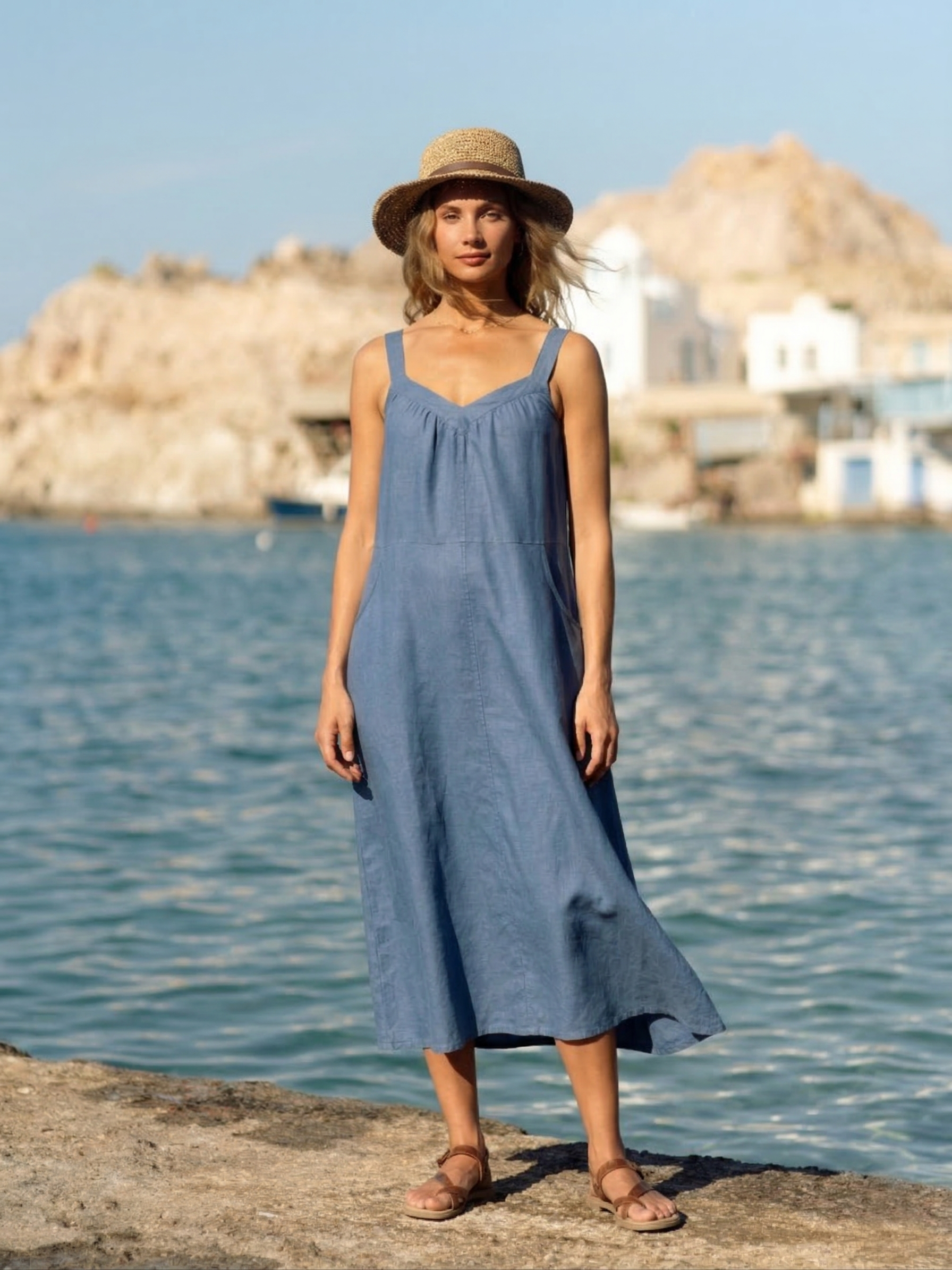 Dusty Blue Linen Midi Dress