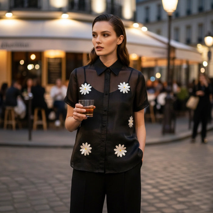 Black Organza Shirt with White Daisy Sequin Embroidery & Satin Slip