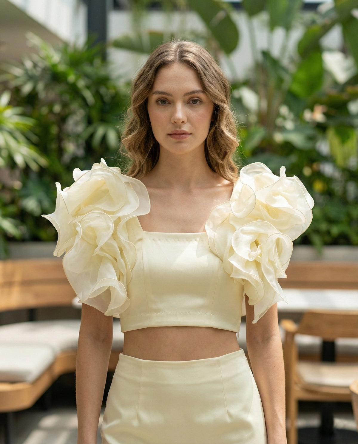 Butter Yellow Ruffle Sleeve Crop Top in Duchess Satin
