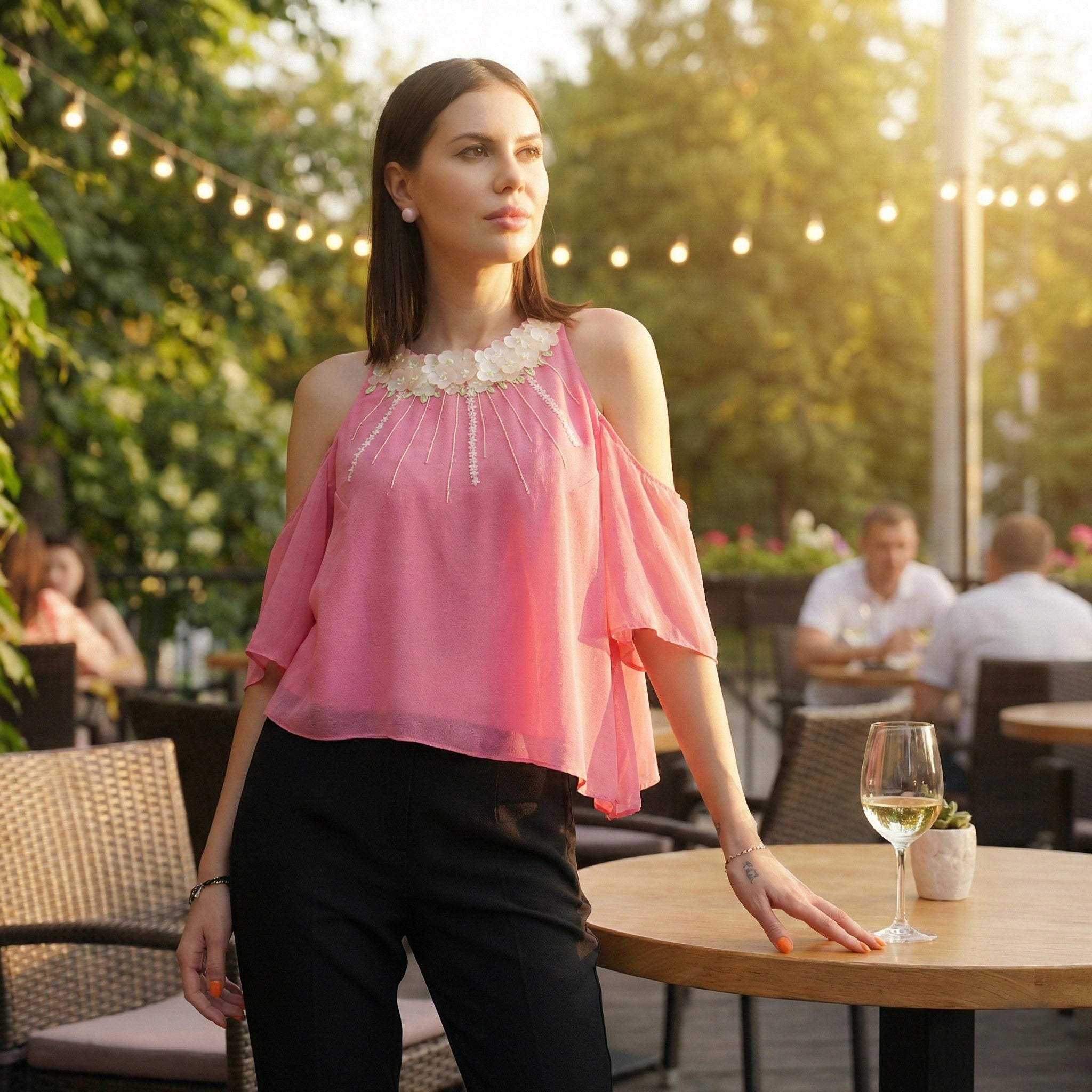 Pink Halter Top with Sequin Embroidery