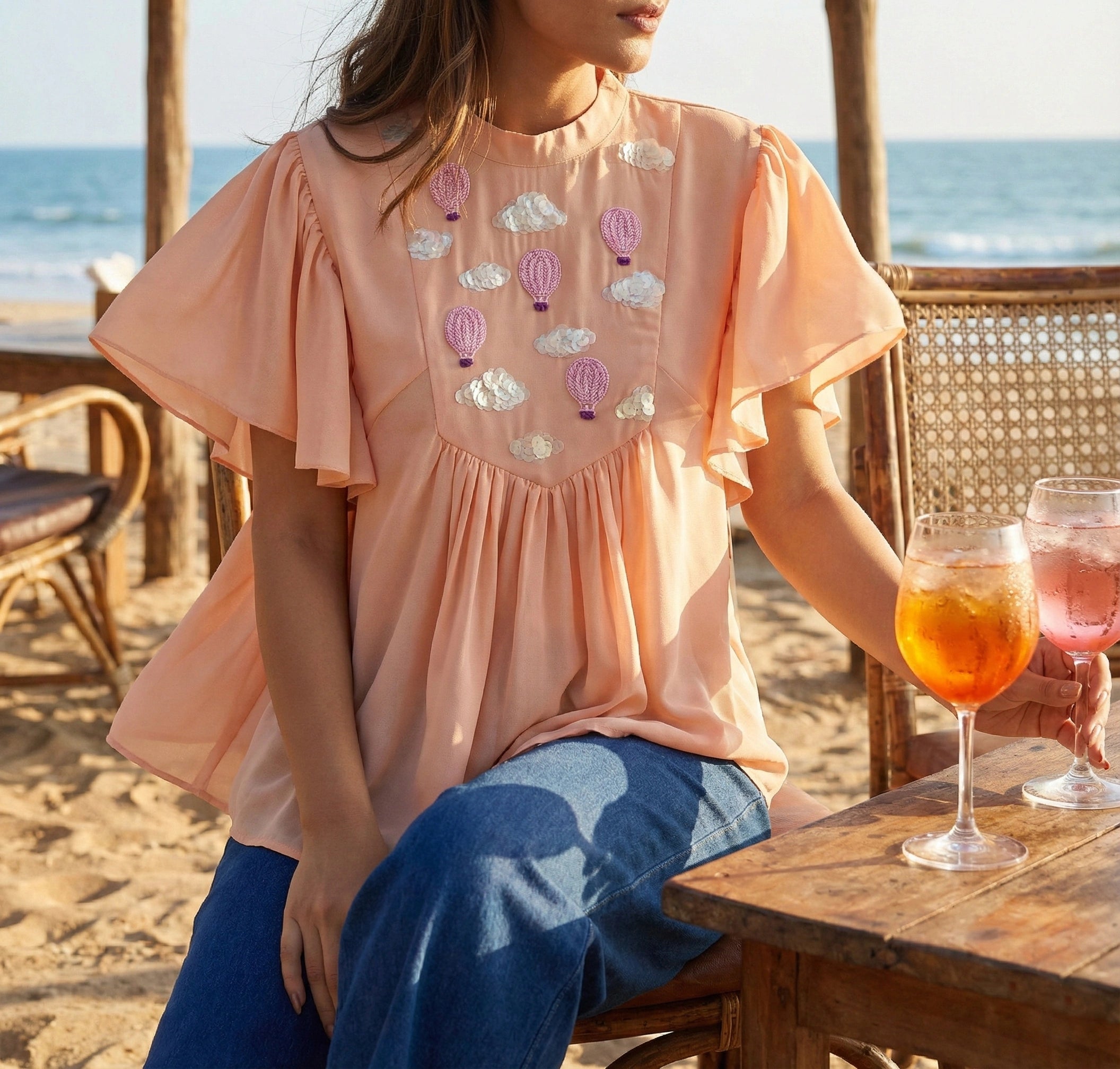 Hot Air Balloon Embroidered Frill Top in Georgette