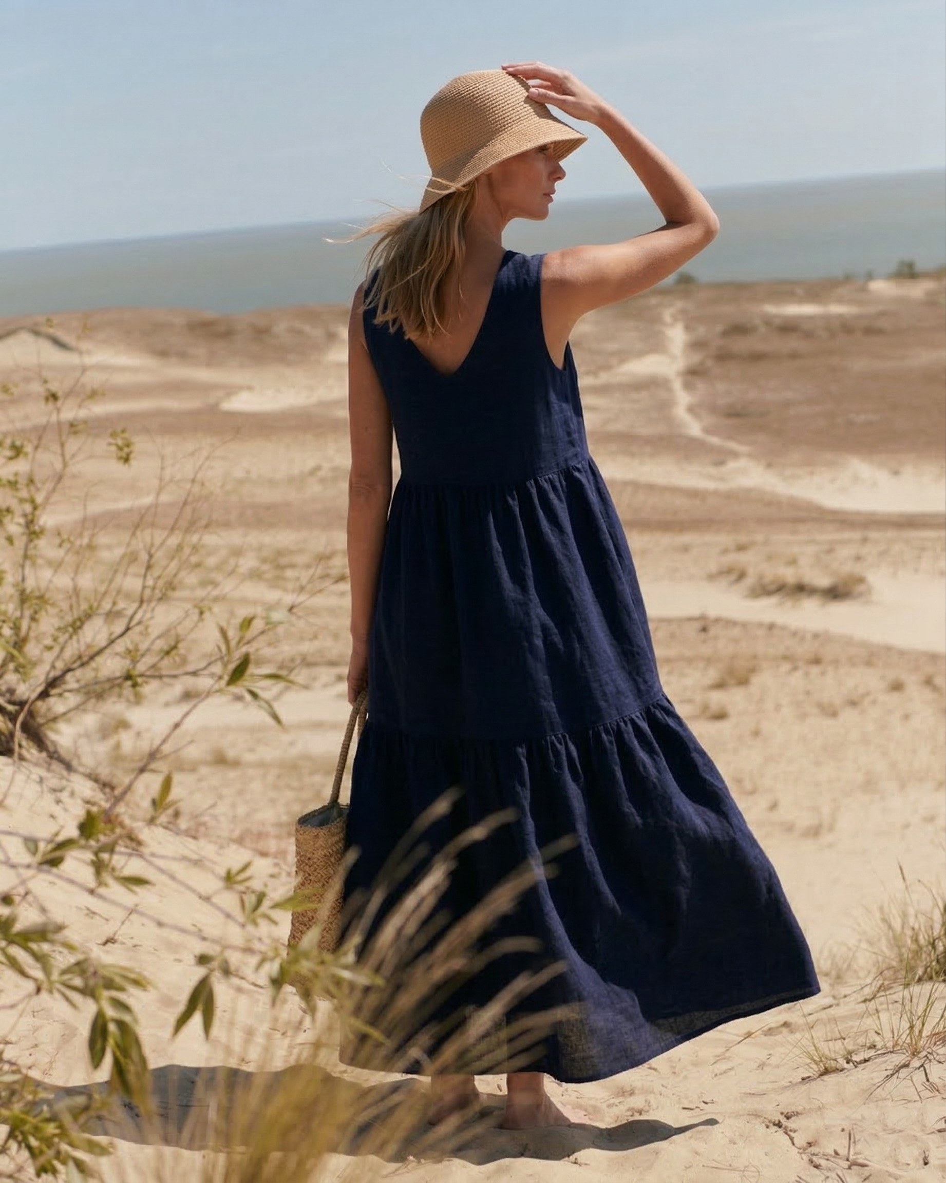 Navy Blue Linen Tiered Maxi Dress