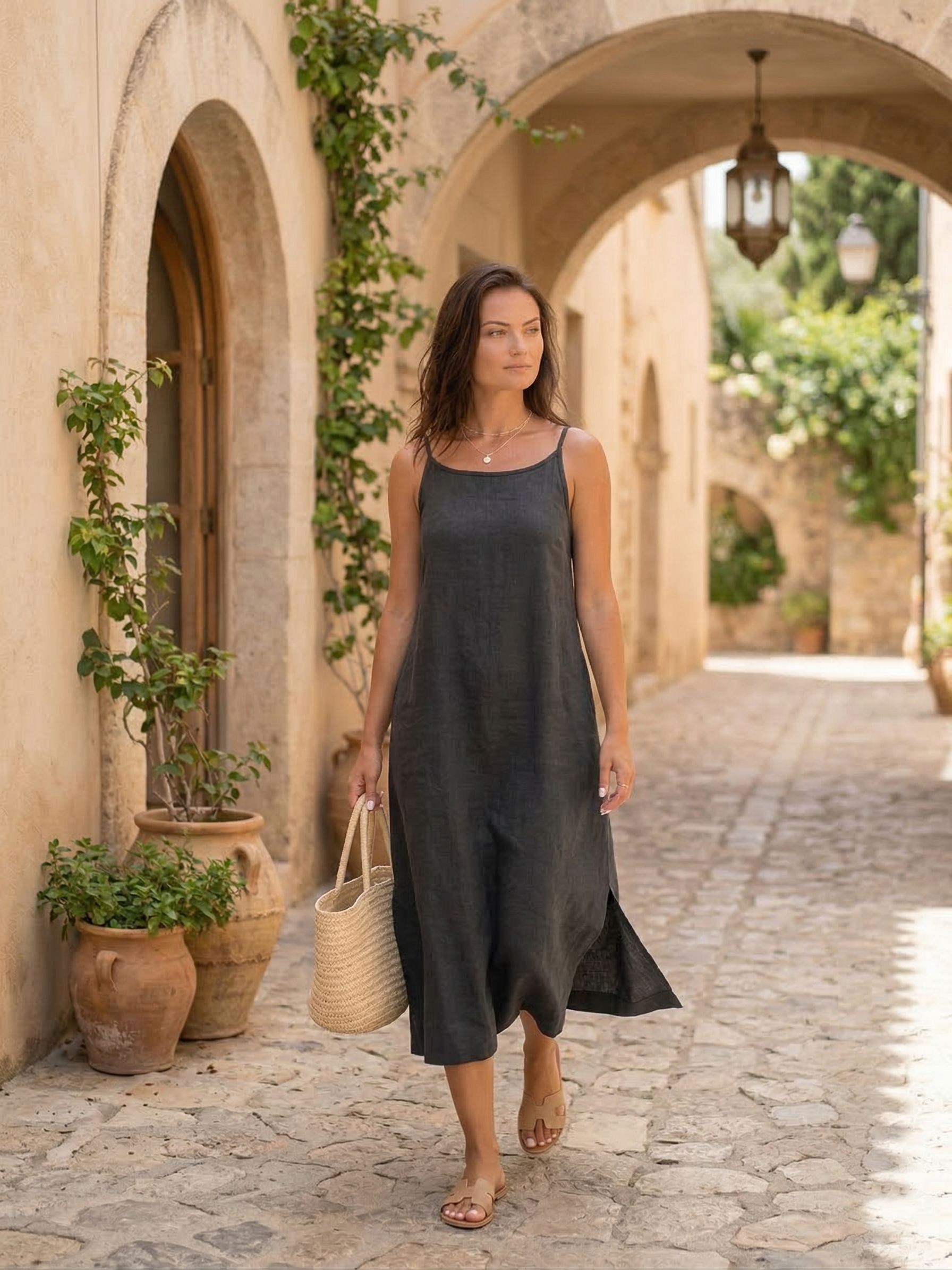 Charcoal Grey Linen Midi Dress with Side Slits