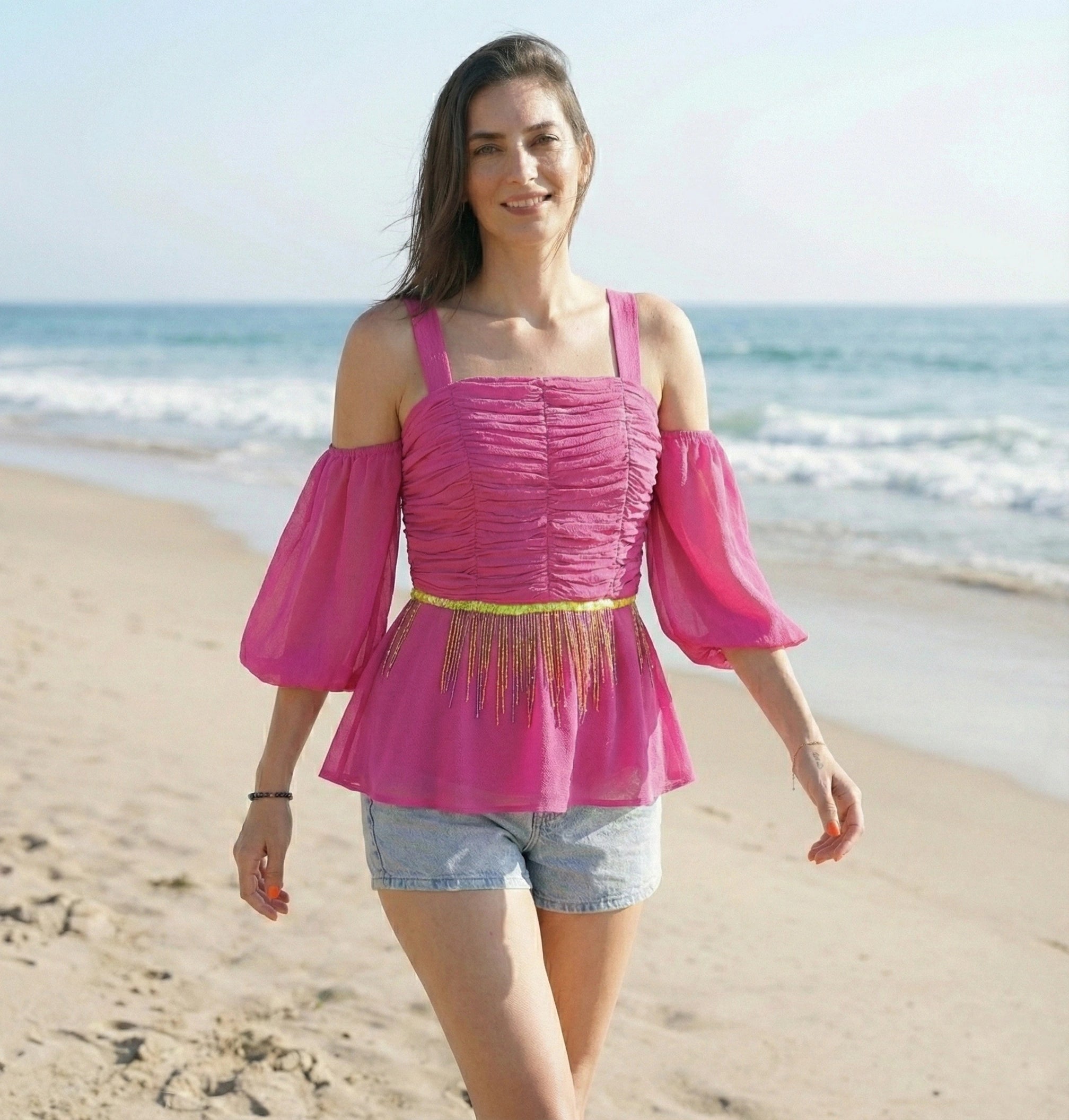 Hot Pink Peplum Top with Sequin Embroidery