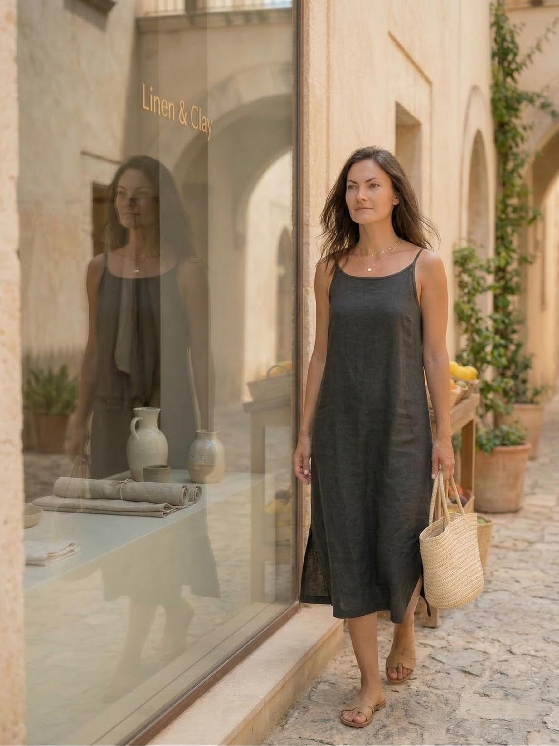 Charcoal Grey Linen Midi Dress with Side Slits