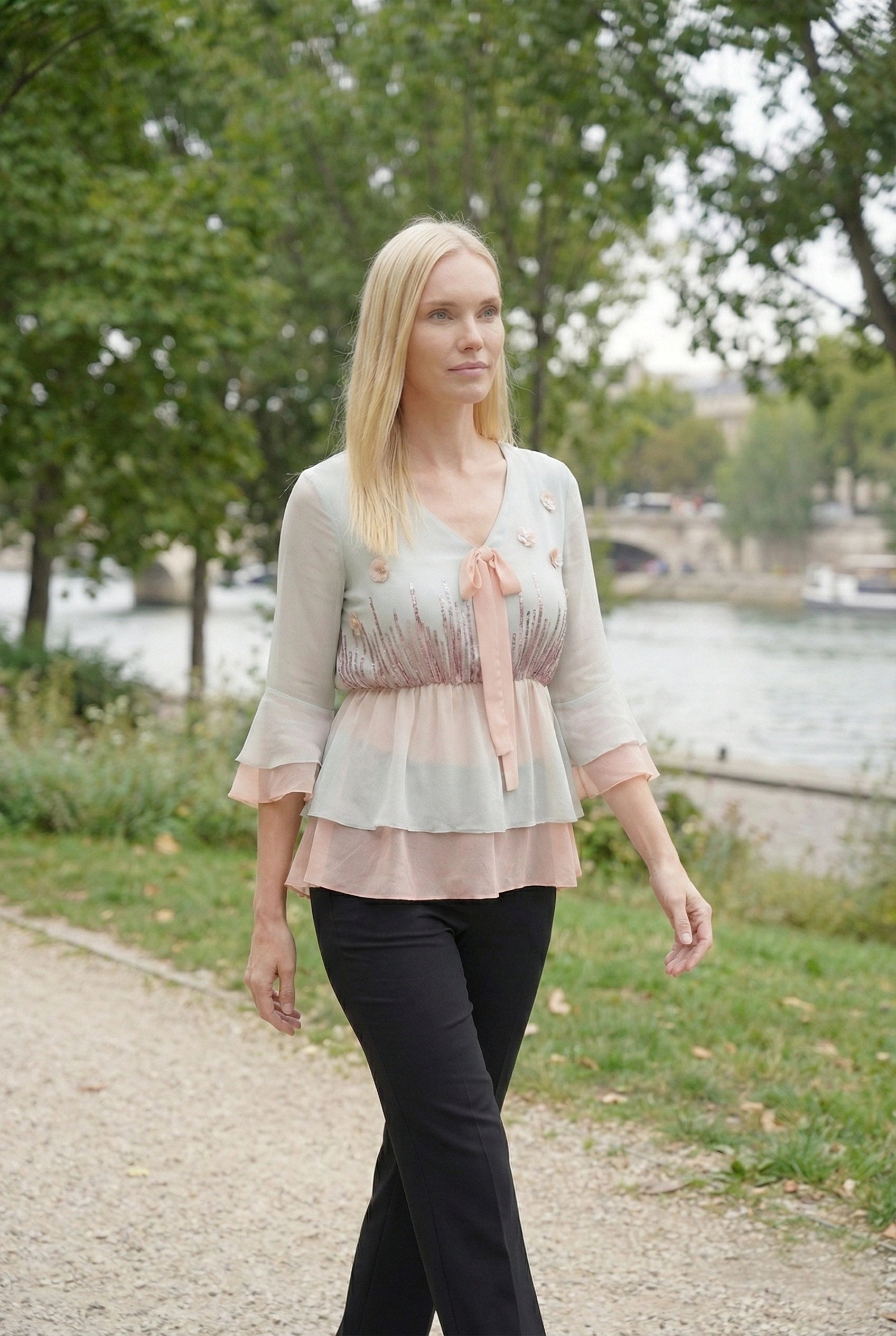 Powder Blue and Peach Two-Layer Peplum Top with Lavender Embroidery