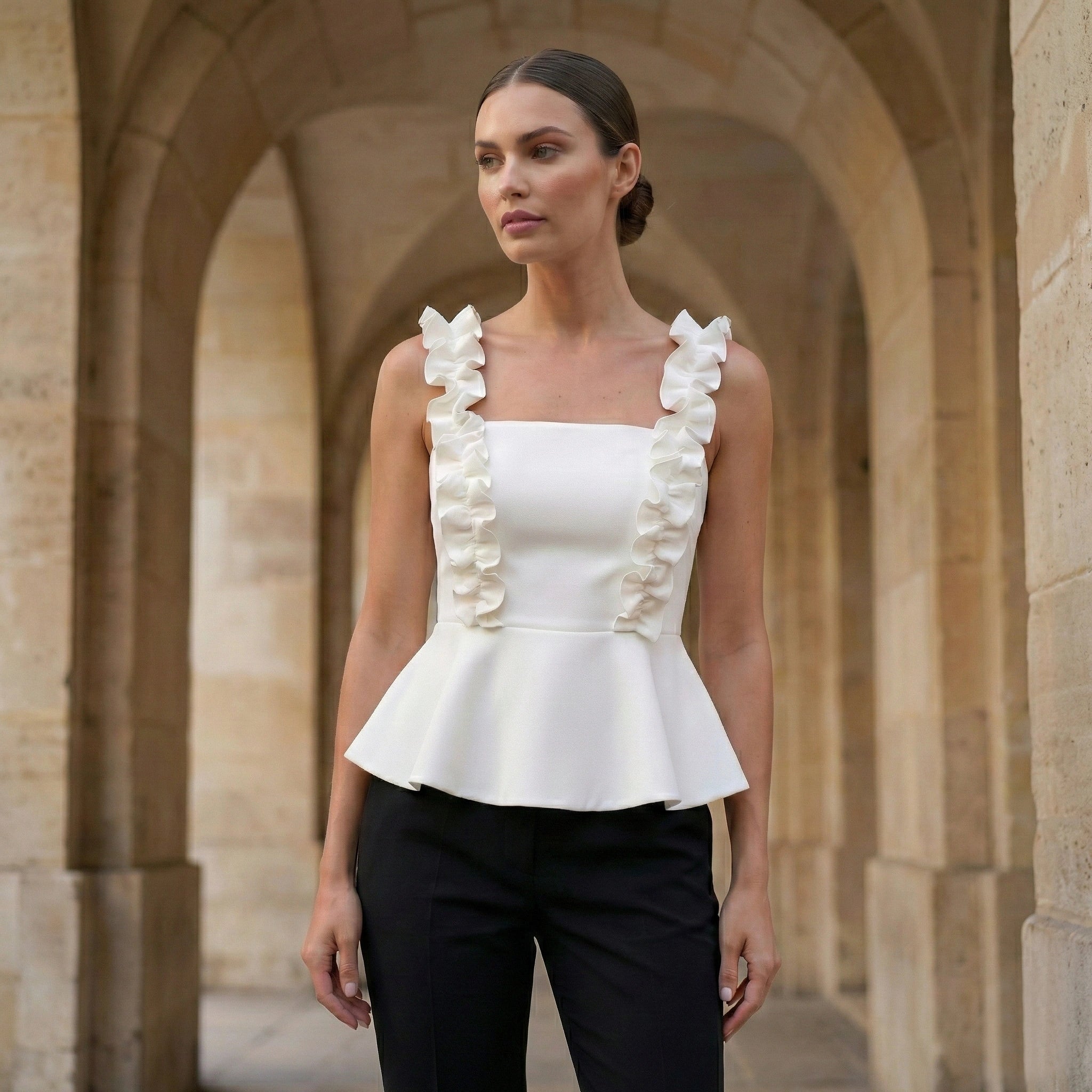 White Peplum Top with Ruffle Straps