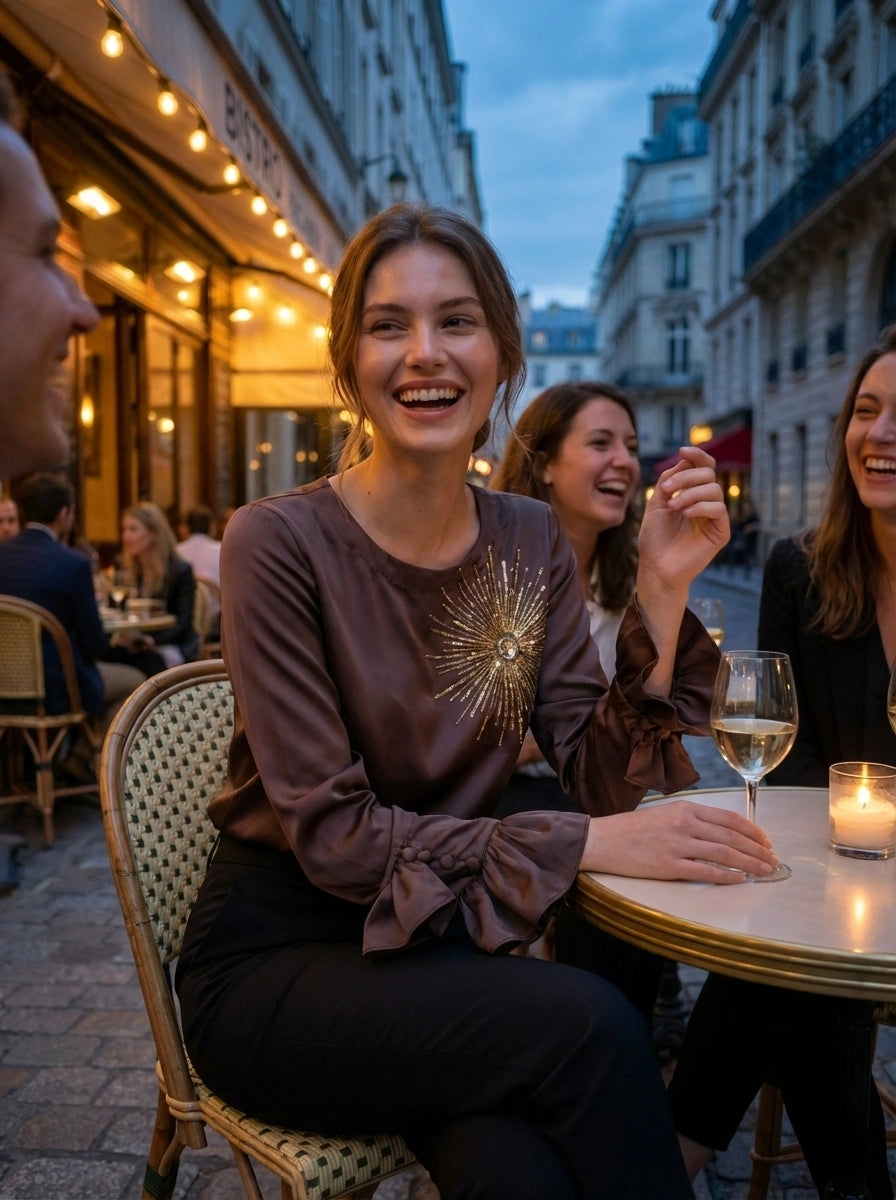Satin Top with Hand-Embroidered Firecracker Motif and Ruffle Sleeves