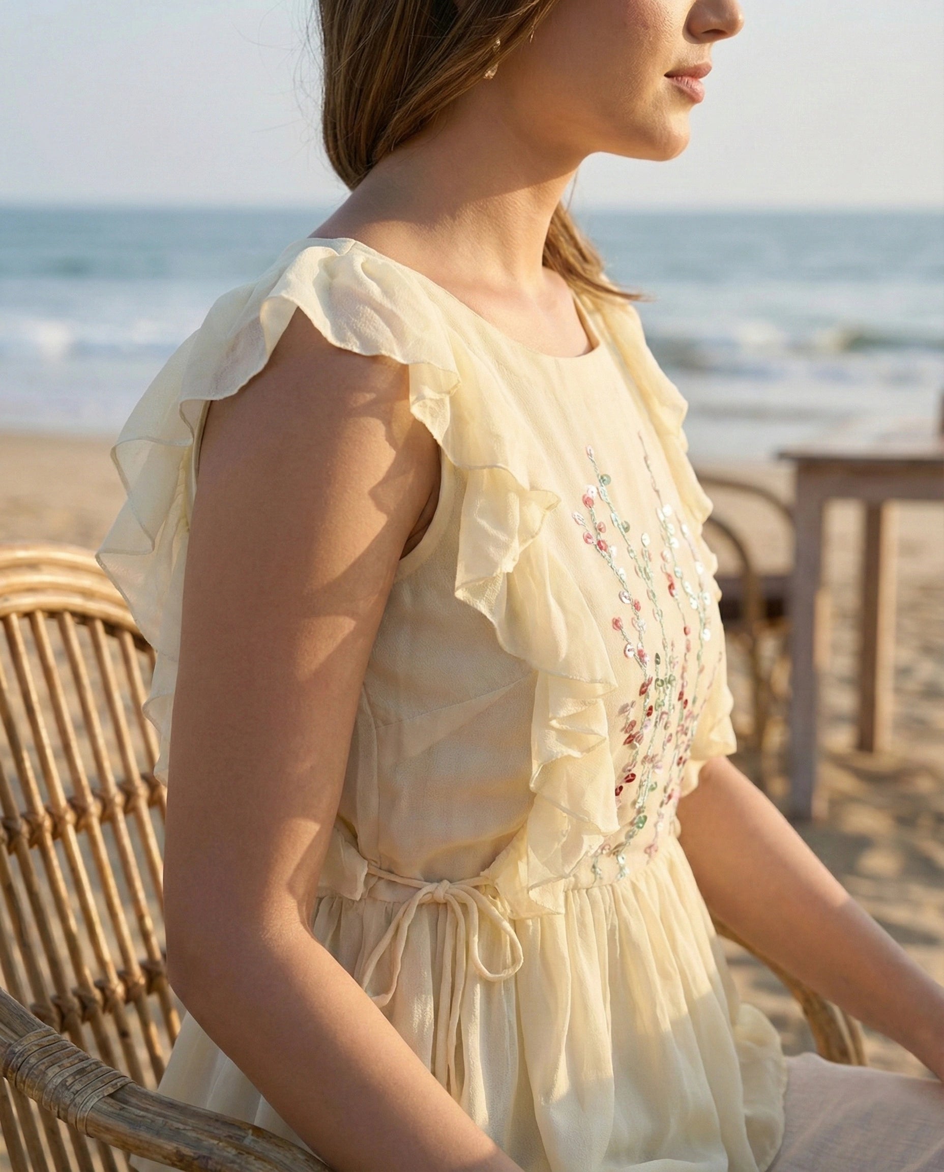 Ivory Georgette Ruffle Top with Hand-Embroidered Sequin Florals