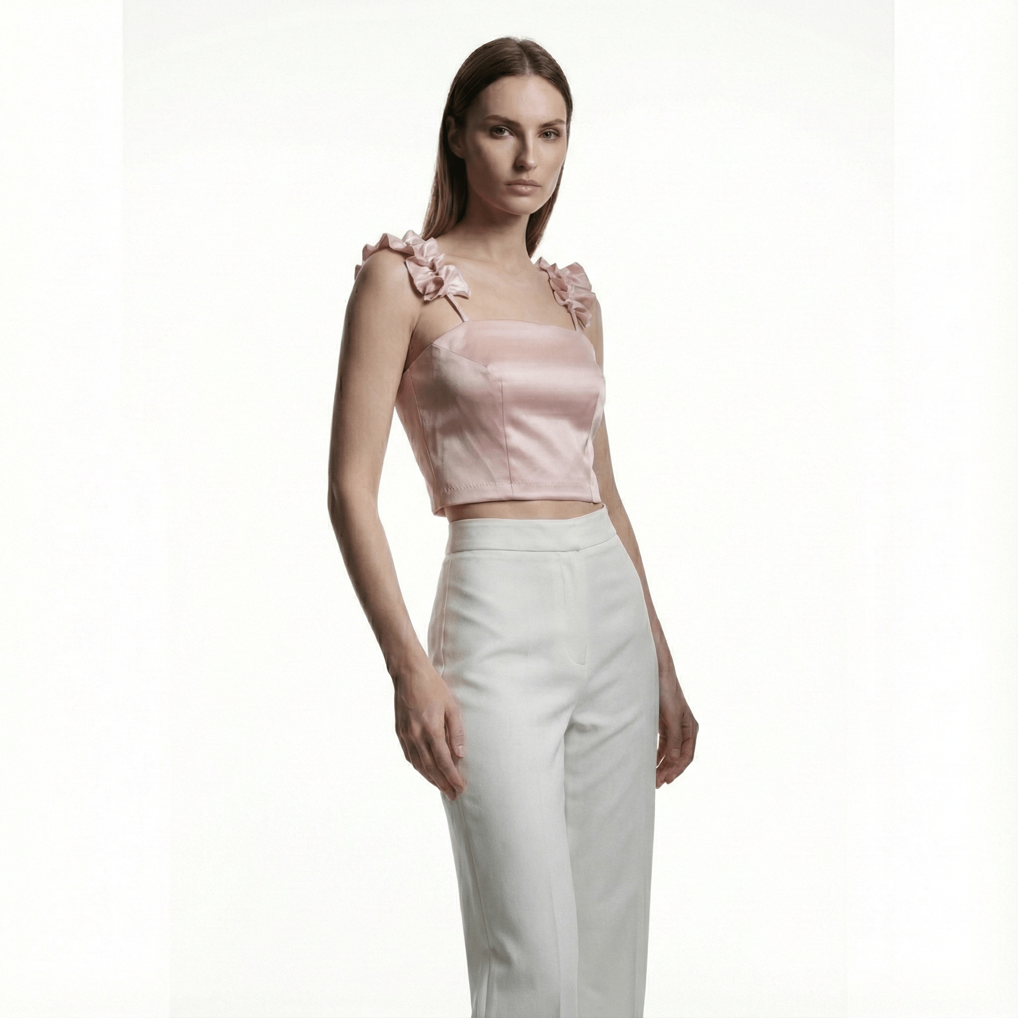 Top in raso duchessa rosa – Blusa con spalline a balze