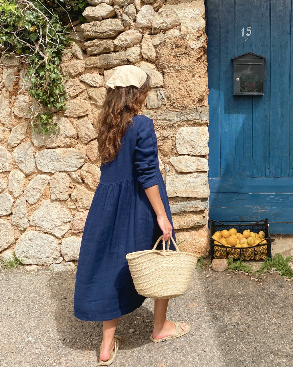 Navy Blue Linen Long Sleeve Midi Dress