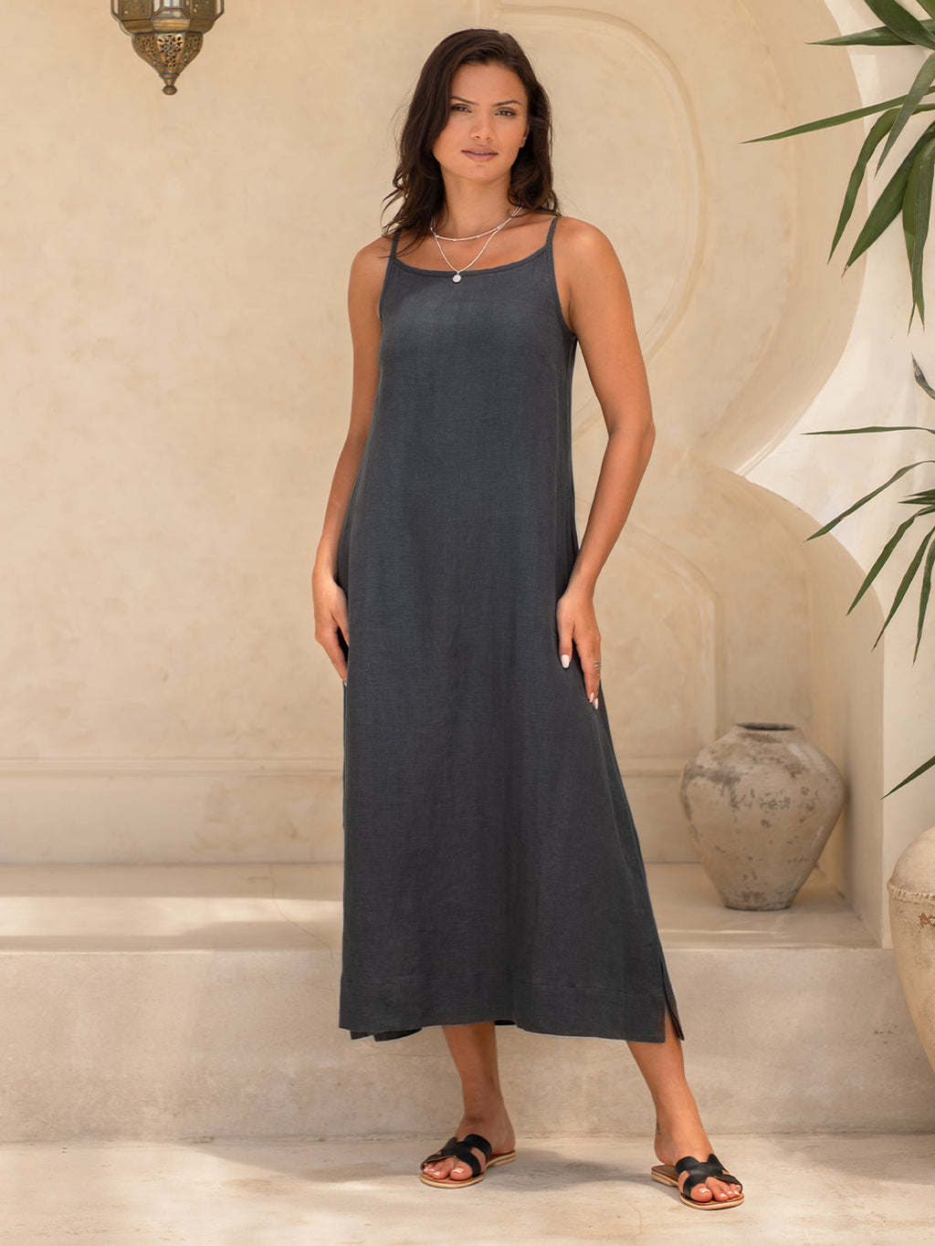 Charcoal Grey Linen Midi Dress with Side Slits