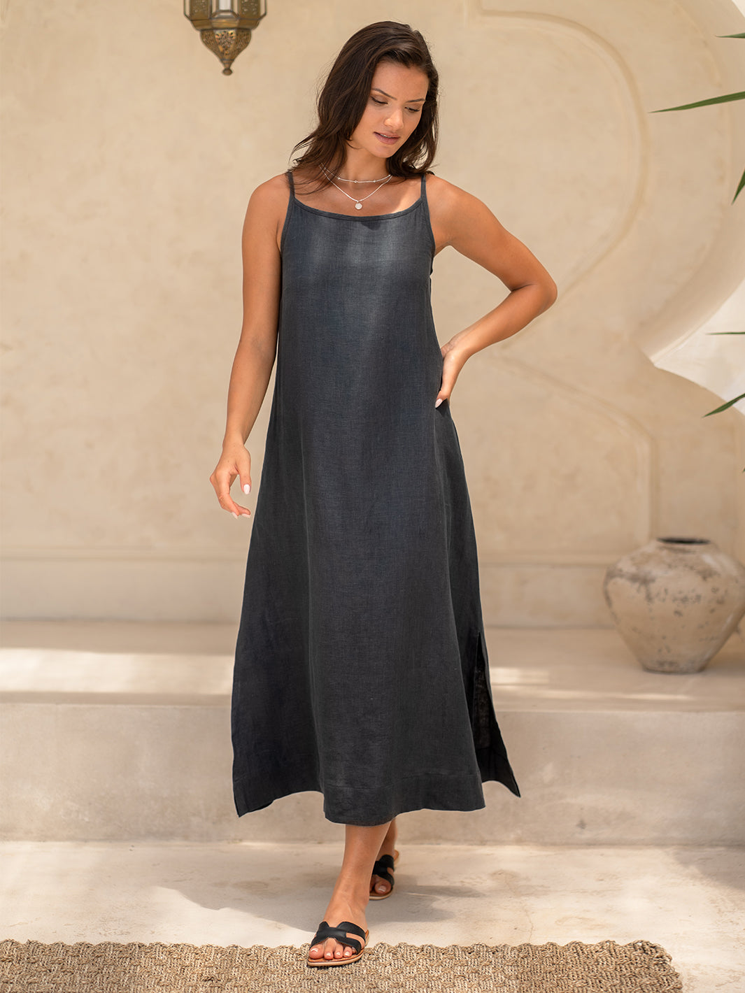 Charcoal Grey Linen Midi Dress with Side Slits