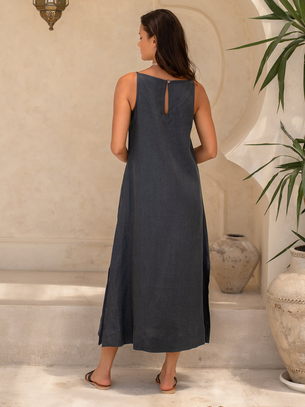 Charcoal Grey Linen Midi Dress with Side Slits