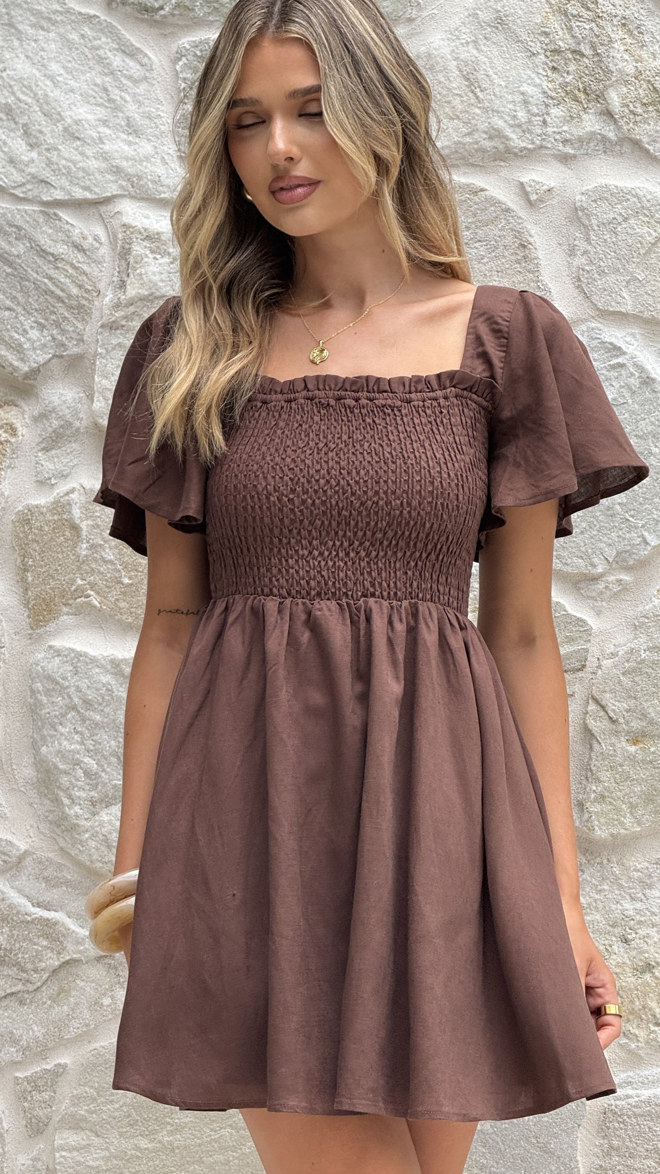 Brown Mini Linen Dress