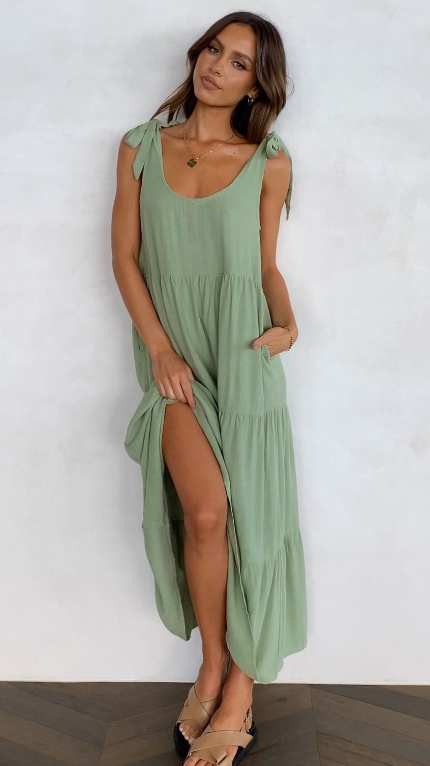Sage Green Linen Tiered Maxi Dress