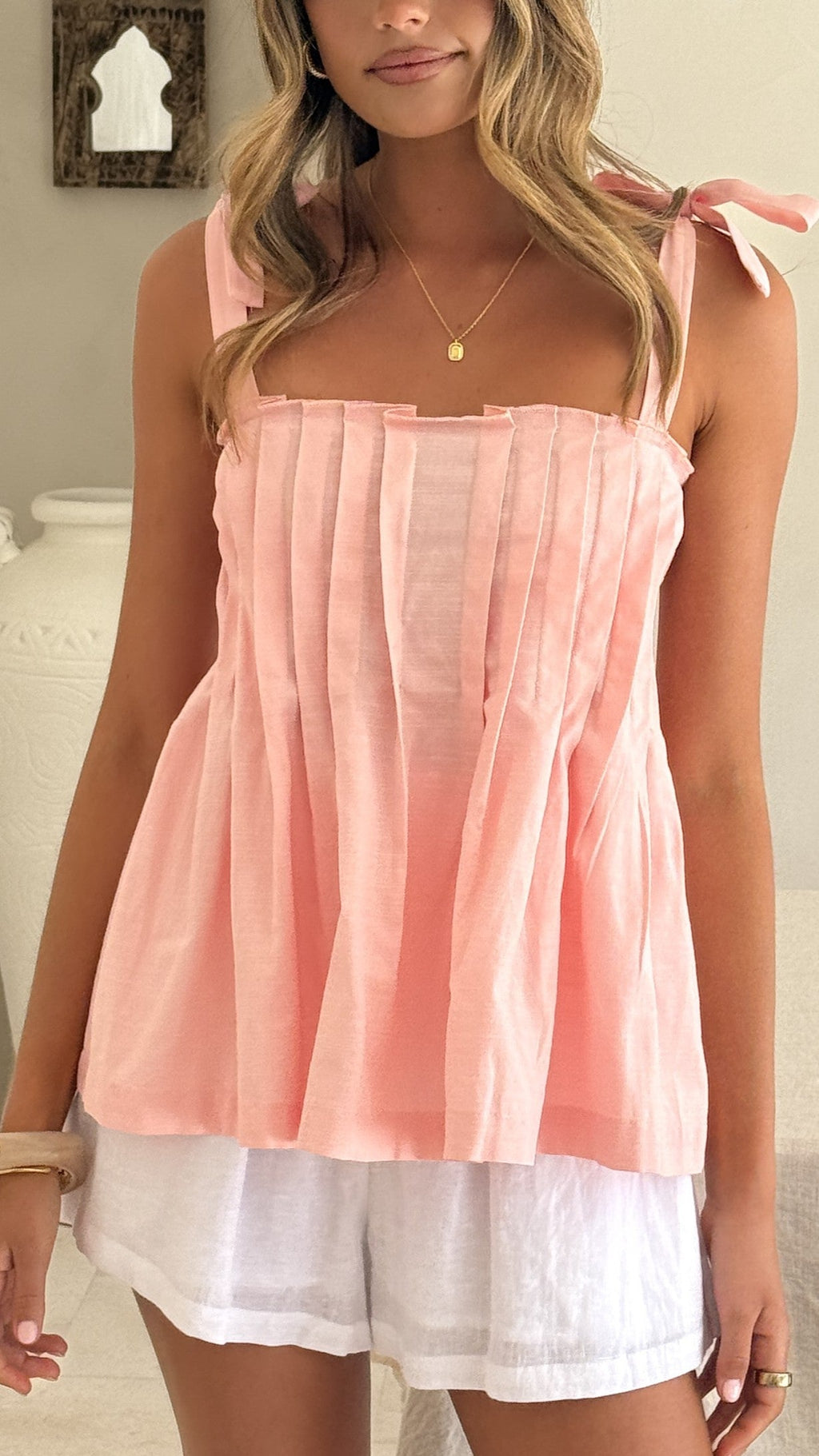 Dusty Pink Linen Pleated Tie Strap Top