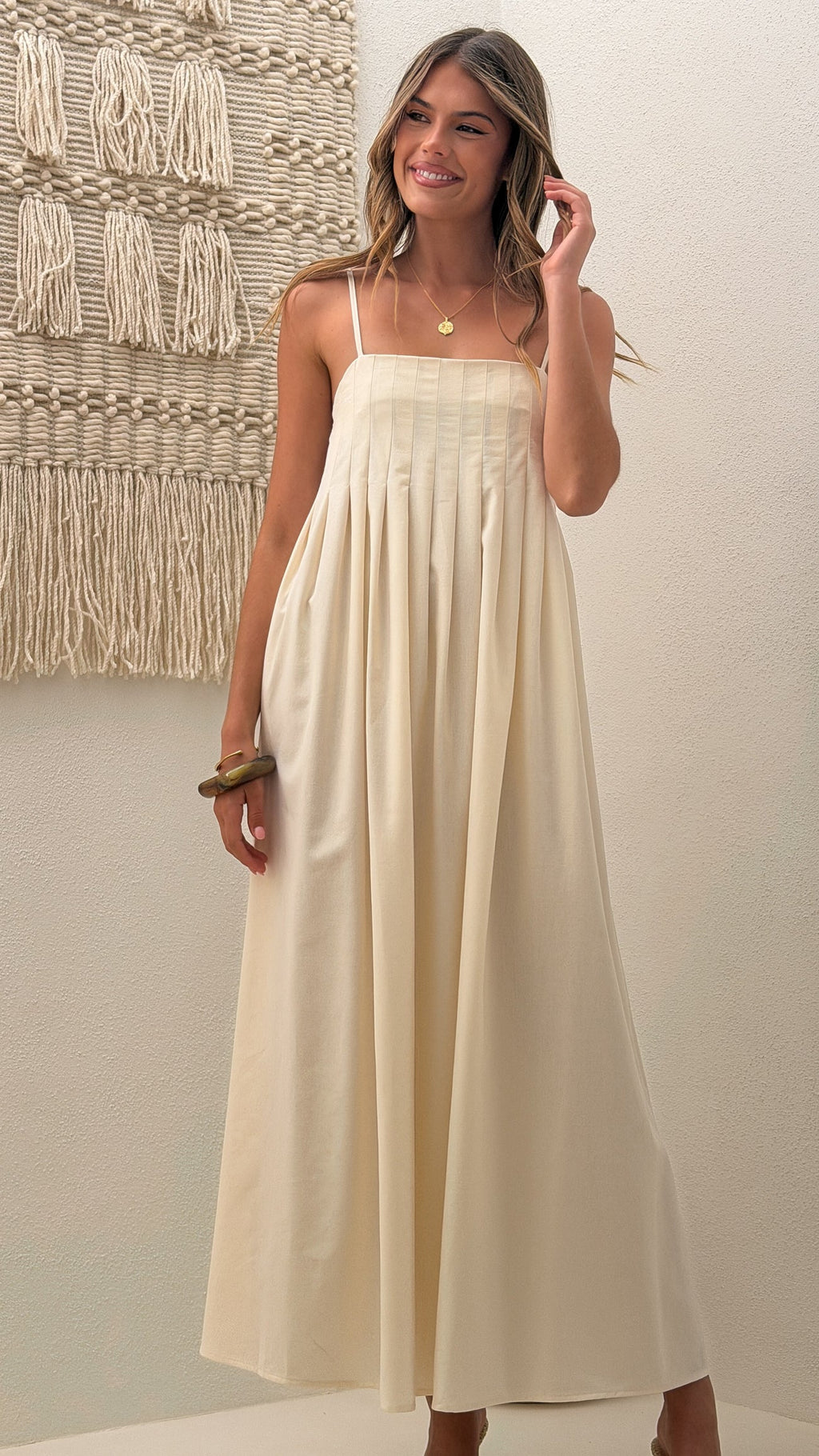 Ivory Linen Pleated Maxi Dress