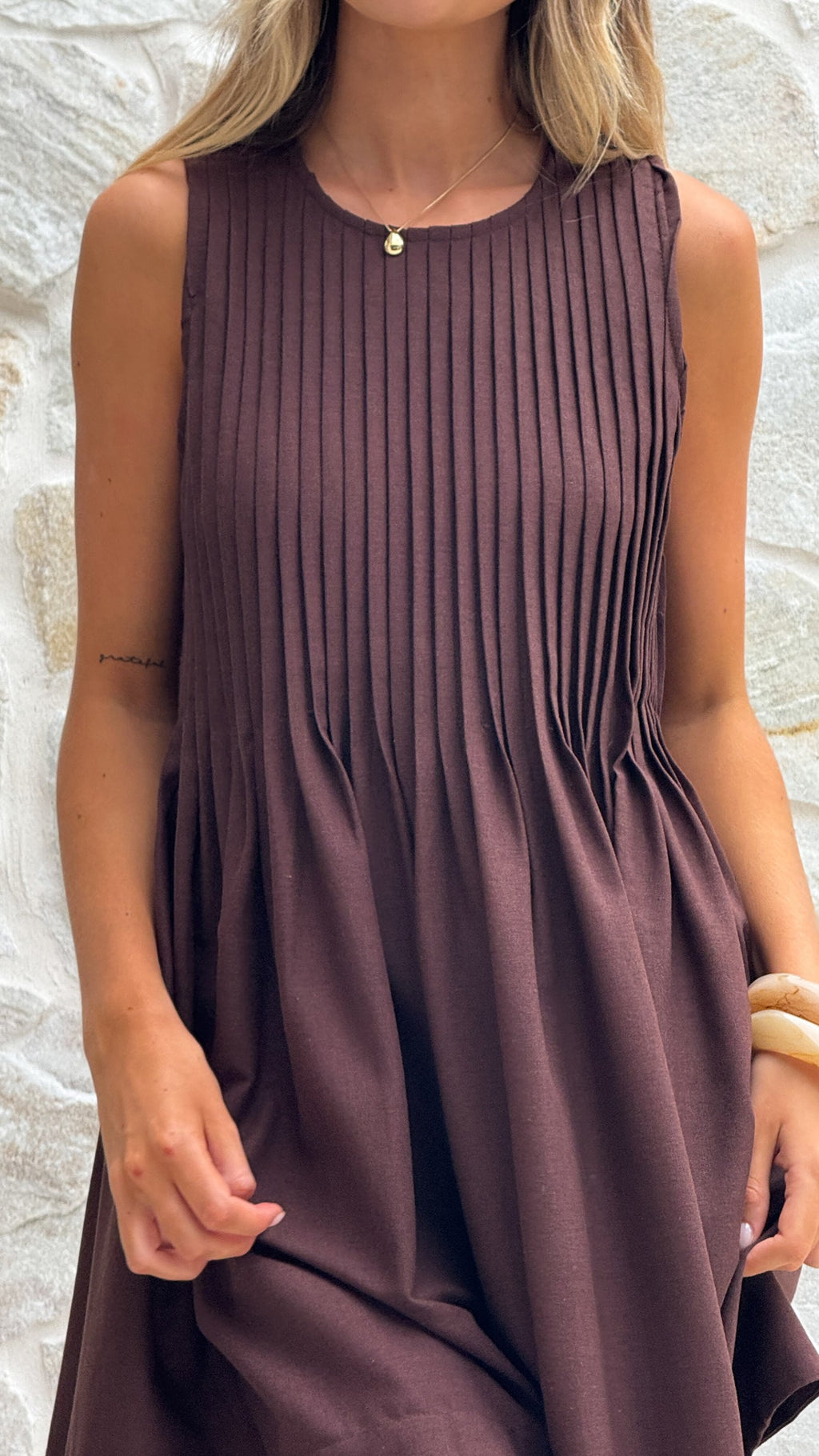 Chocolate Brown Pleated Linen Mini Dress