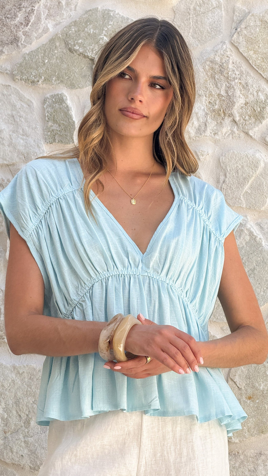 Sky Blue Linen Peplum Top with Gathered Sleeves