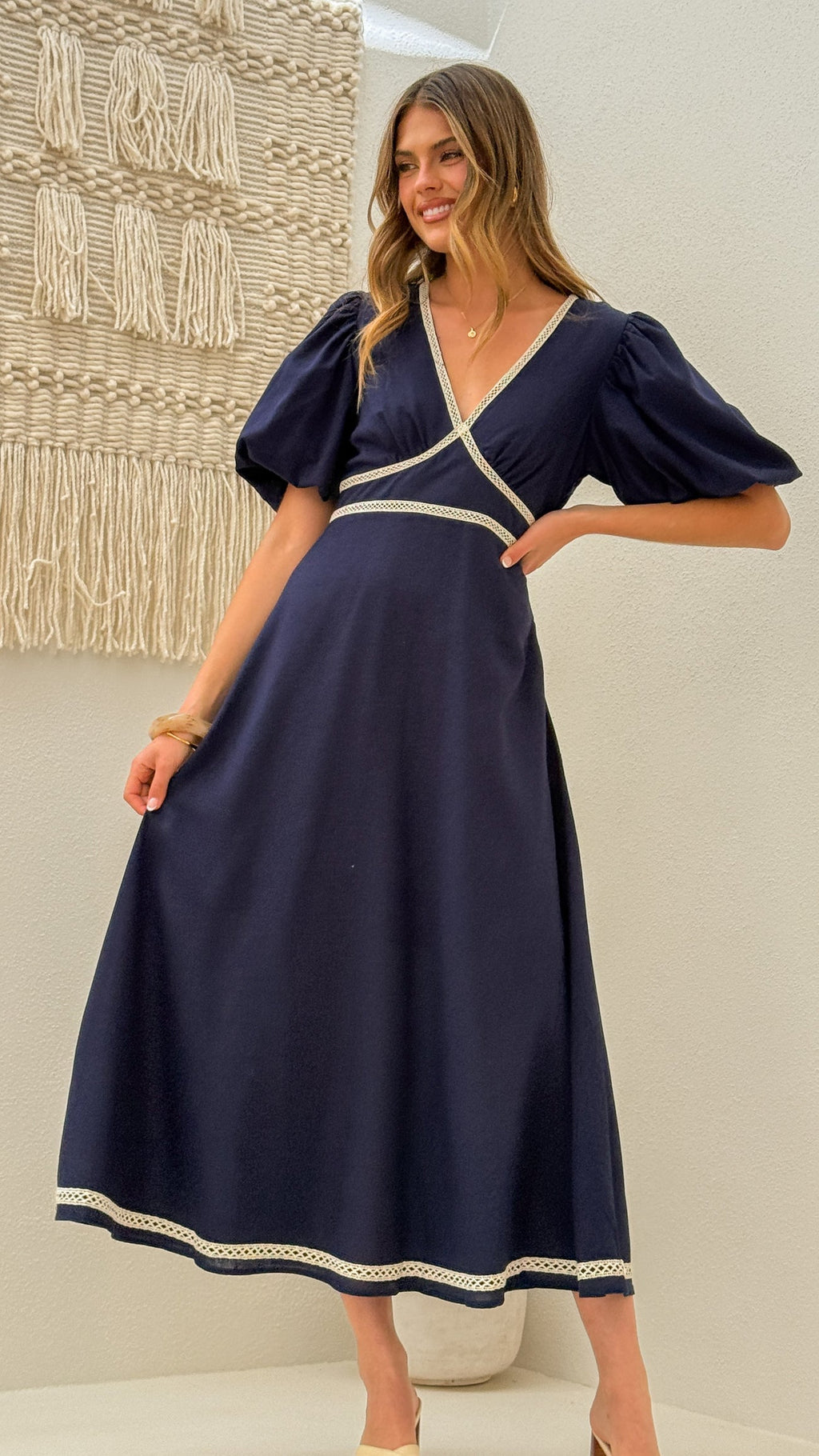 Navy Blue Linen Midi Dress with Lace Trim