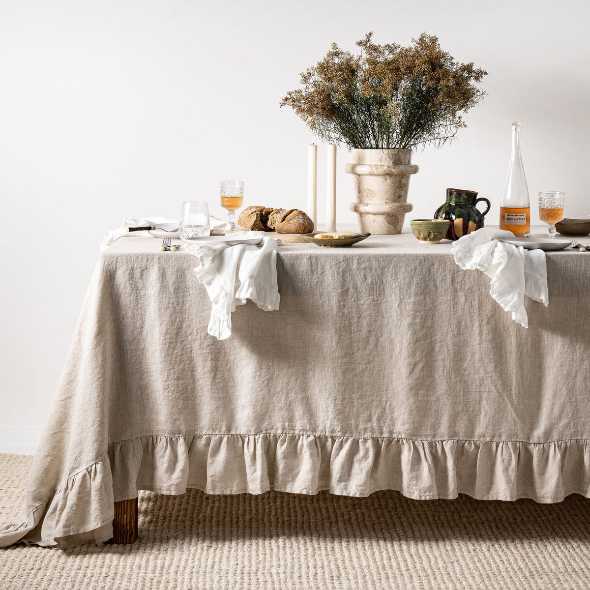 Almond Linen Table Cloth with Ruffles