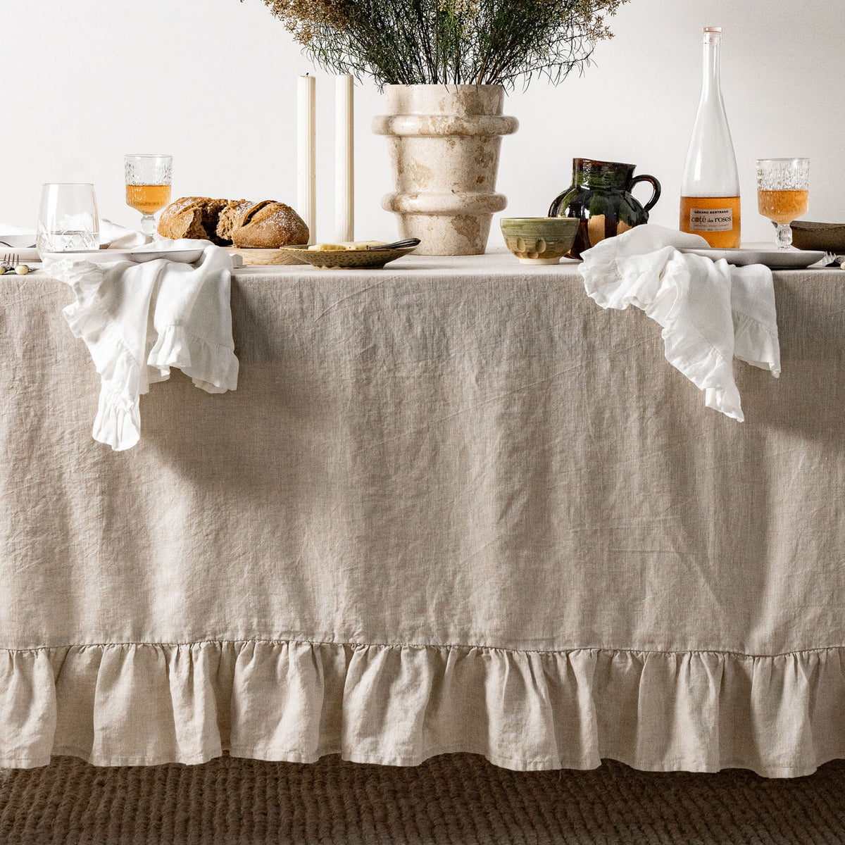 Almond Linen Table Cloth with Ruffles
